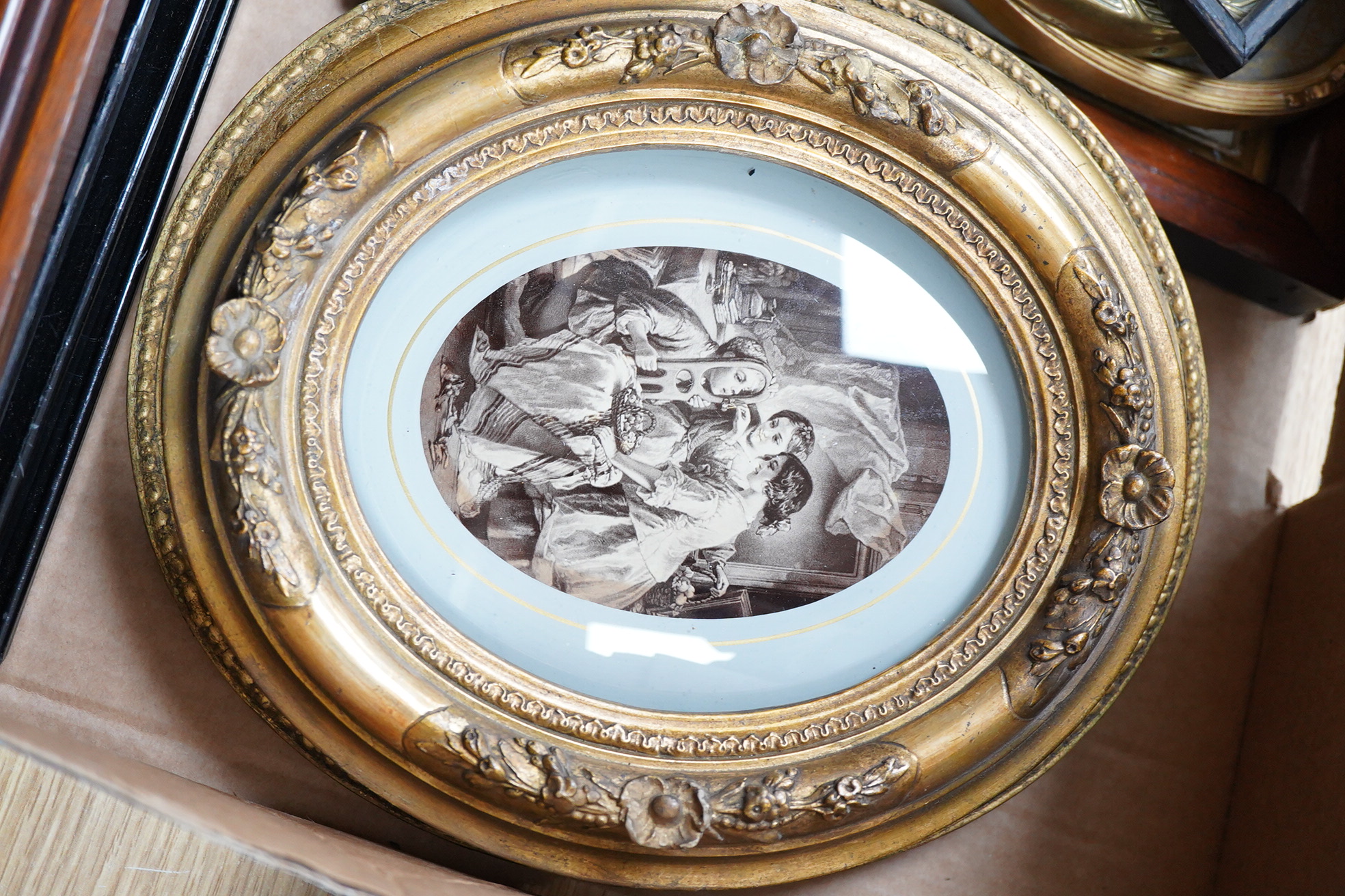 A collection of watercolour and printed miniatures and frames to include: 19th century and later oval silhouette portraits, one rosewood framed, various ebonised and partially gilt frames and a comical watercolour, hunti